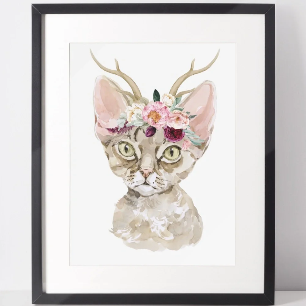 Watercolor Floral Devon Rex Cat Wall Art Illustration Print Poster Card Unframed - Picture 2 of 7